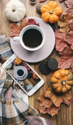 A cup of coffee; oreos; autumn leaves, and a phone