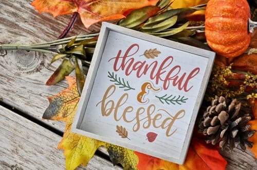 a frame note that says "thankful and bless" on top of autumn leaves, pinecones and a pumpkin