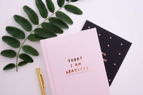 Two journals, a pen, and a leaf; one of the journals says "today, I am grateful" on the front