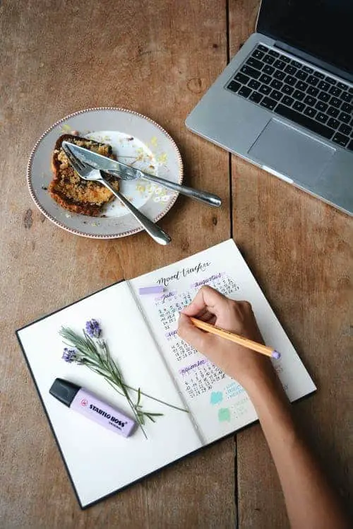 a hand writing in a bullet journal; there's some toast on a plate and a laptop next to them