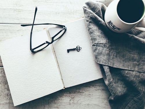 journal A journal next to a mug and reading glasses