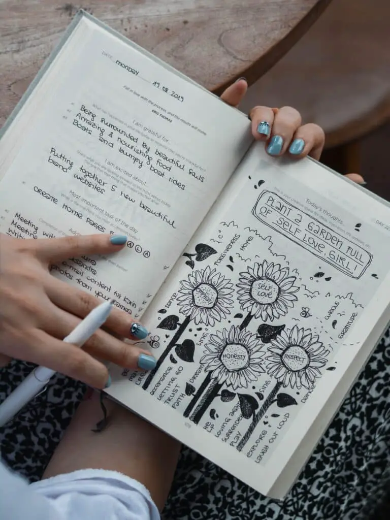 A person holding upon a journal with pictures of flowers on, as well as notes.